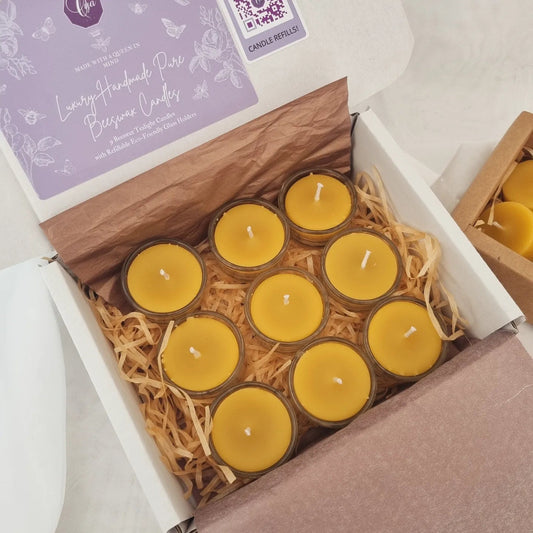 Pure Beeswax Tealight Candles with Refillable Glass Holders