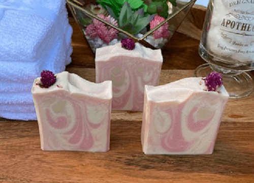 Cherry Bomb Cold Process Soap with Flower embed