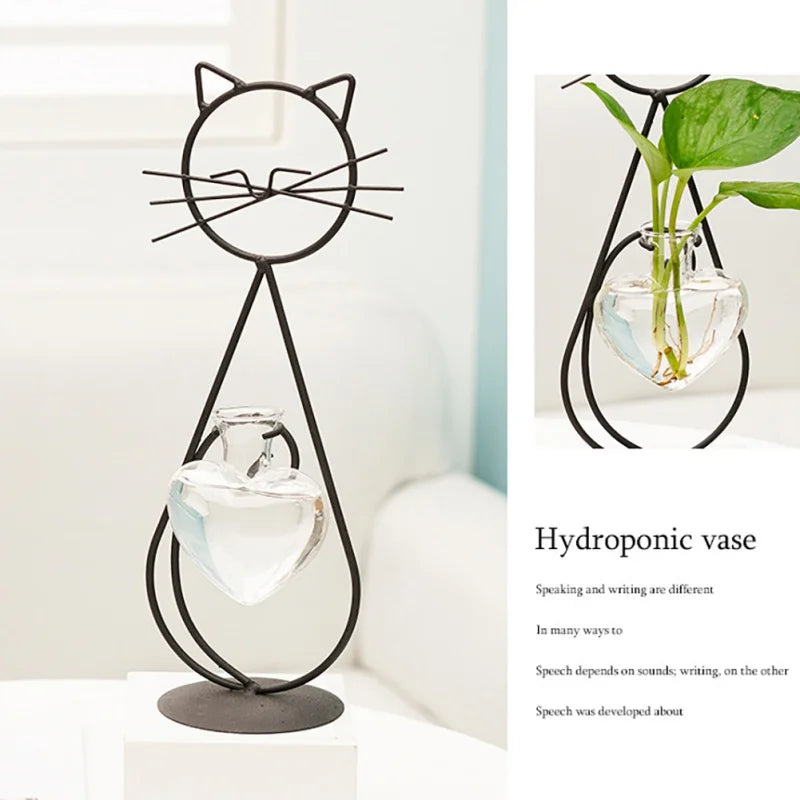 Hydroponic Glass Heart Vase With Metal Holder Hand Welded Lovely Cat Shape Vase for Home Party Wedding Valentine Day Decor Vase