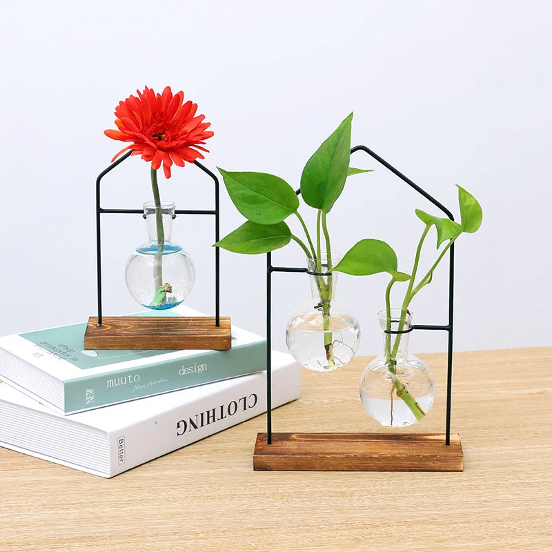 European Style Metal Hydroponic Plant Flower Decor Creative New Vase Glass Transparent Living Room Home Vase Tabletop Decoration