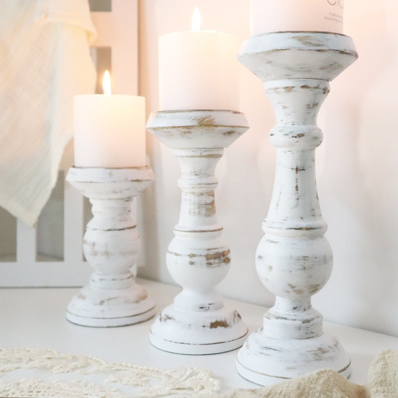 Retro White Wooden Candle Holder for Home Decor