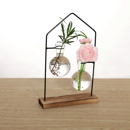 European Style Metal Hydroponic Plant Flower Decor Creative New Vase Glass Transparent Living Room Home Vase Tabletop Decoration