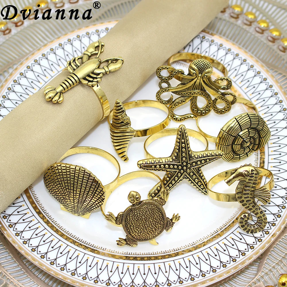 Dvianna 8Pcs/Set Ocean Themed Napkin Rings Retro Metal Napkin Holders for Home Beach Wedding Party Table Decoration HWM224