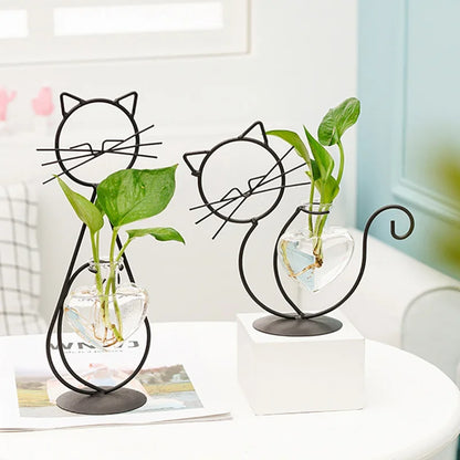 Hydroponic Glass Heart Vase With Metal Holder Hand Welded Lovely Cat Shape Vase for Home Party Wedding Valentine Day Decor Vase