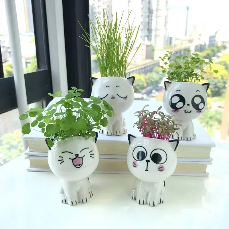 Mini Cat Cartoon Cute Potted Plant Desktop Cat Plant Pot DIY Desk Decorate Science Education School Gifts Ceramic Flowerpot