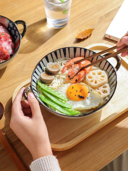 Household Noodle Bowl Ceramic Soup Bowl With Handle Salad Pasta Bowl Kitchen Tableware Microwave Oven Bakeware 7.5inch