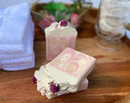 Cherry Bomb Cold Process Soap with Flower embed